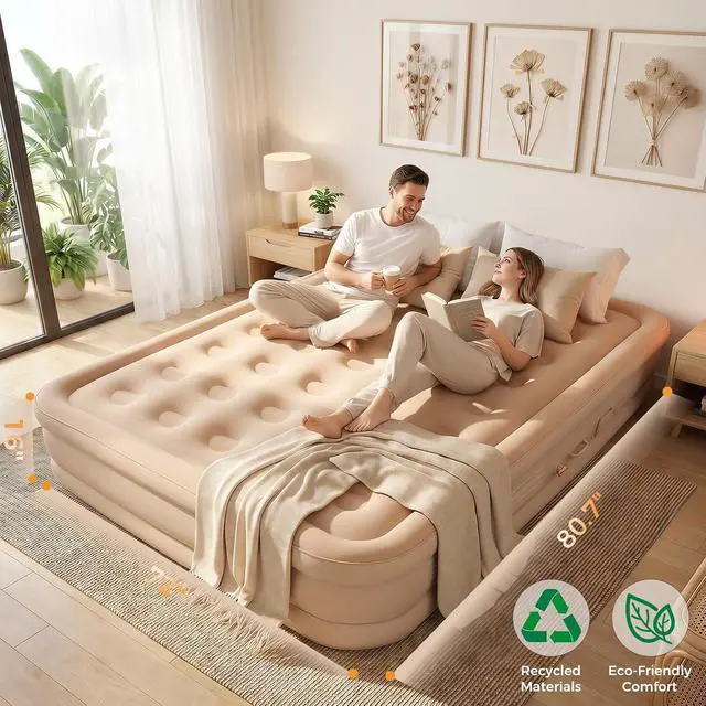 Alt view image 5 of 6 - 16'' King Air Mattress, Inflatable Bed with Built-in Pump & 4800mAh Rechargeable Battery, Puncture-Resistant Design, Quick Inflation/Deflation, Portable for Camping & Guests