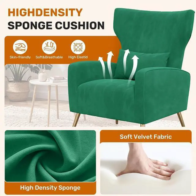 Alt view image 5 of 7 - Green Velvet Accent Chair Set of 4, Wingback Chair for Living Room, High Back Arm Chair with Golden Legs Lumbar Pillow, Upholstered Single Sofa Bedroom