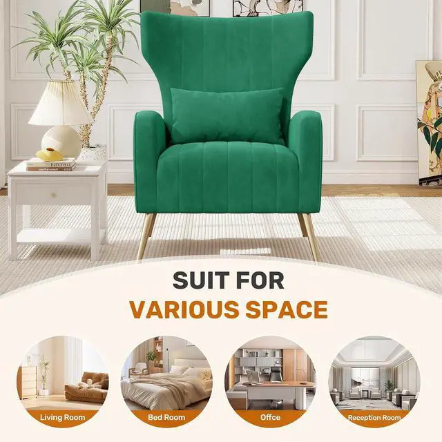 Alt view image 4 of 7 - Green Velvet Accent Chair Set of 4, Wingback Chair for Living Room, High Back Arm Chair with Golden Legs Lumbar Pillow, Upholstered Single Sofa Bedroom