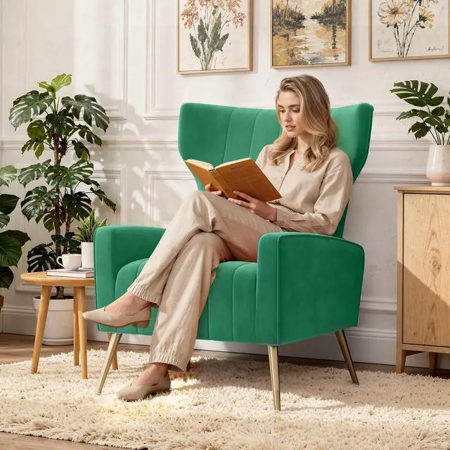 Alt view image 7 of 7 - Green Velvet Accent Chair Set of 4, Wingback Chair for Living Room, High Back Arm Chair with Golden Legs Lumbar Pillow, Upholstered Single Sofa Bedroom