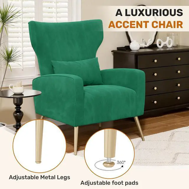 Alt view image 6 of 7 - Green Velvet Accent Chair Set of 4, Wingback Chair for Living Room, High Back Arm Chair with Golden Legs Lumbar Pillow, Upholstered Single Sofa Bedroom