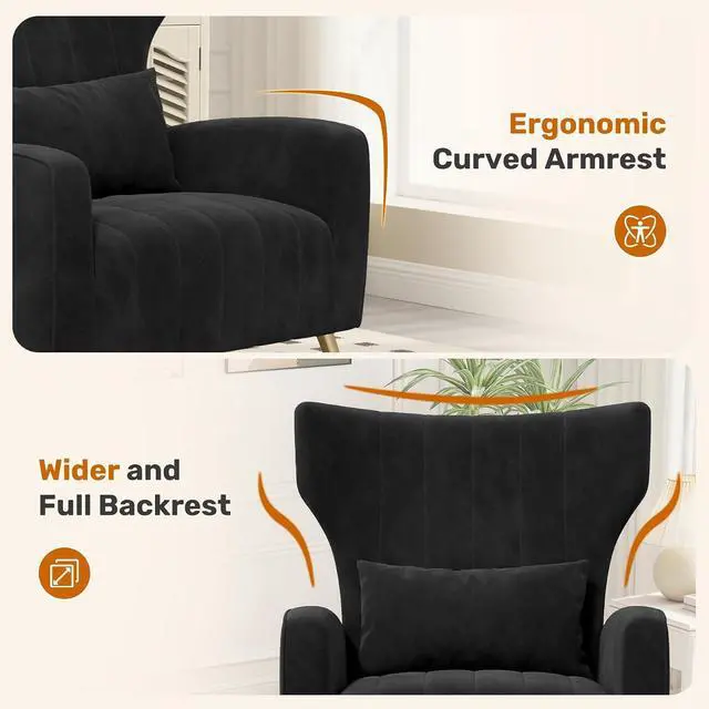 Alt view image 3 of 7 - Black Velvet Accent Chair Set of 4, Wingback Chair for Living Room, High Back Arm Chair with Golden Legs Lumbar Pillow, Upholstered Single Sofa Bedroom
