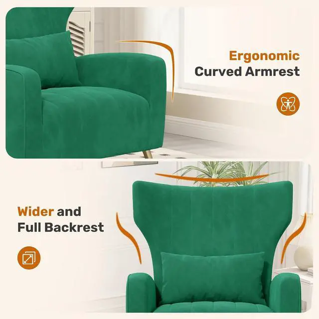 Alt view image 3 of 7 - Green Velvet Accent Chair Set of 4, Wingback Chair for Living Room, High Back Arm Chair with Golden Legs Lumbar Pillow, Upholstered Single Sofa Bedroom