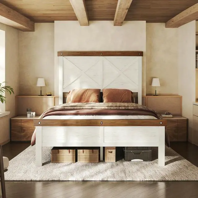 Main image of Farmhouse Bed Frame Twin Size with 51" Tall Headboard and Footboard, Platform Bed Frame, No Box Spring Needed, White
