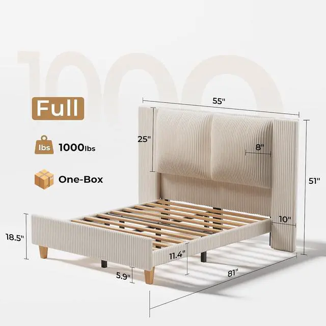 Alt view image 2 of 7 - Full Size Bed Frame with 51" Tall Headboard, Upholstered Corduroy Platform Bed, Easy Assembly, No Box Spring Needed, Beige