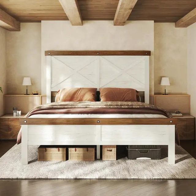 Main image of Farmhouse Bed Frame Full Size with 51" Tall Headboard and Footboard, Platform Bed Frame, No Box Spring Needed, White