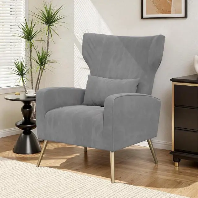 Main image of Velvet Accent Chair Wingback for Living Room, High Back Arm Chair with Golden Legs Lumbar Pillow, Upholstered Single Sofa Bedroom Gary