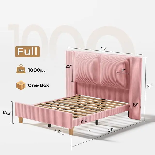 Alt view image 2 of 7 - Full Size Bed Frame with 51" Tall Headboard, Upholstered Corduroy Platform Bed, Easy Assembly, No Box Spring Needed, Pink