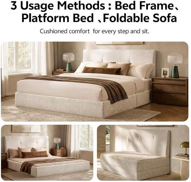 Alt view image 4 of 7 - Queen Bed Frame with Headboard, No Assembly Required Cloud Bed Frame, All Sponge Cushioned Upholstered Platform Bed Frame with Anti-Collision Soft Rounded Corners, No Box Spring Needed