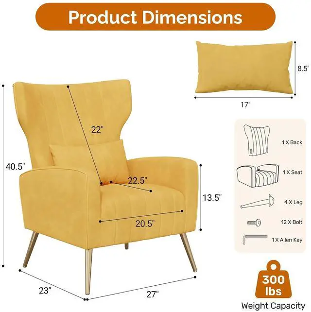 Alt view image 2 of 7 - Velvet Accent Chair Wingback for Living Room, High Back Arm Chair with Golden Legs Lumbar Pillow, Upholstered Single Sofa Bedroom Yellow