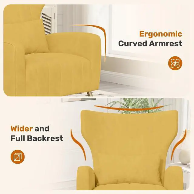 Alt view image 3 of 7 - Velvet Accent Chair Wingback for Living Room, High Back Arm Chair with Golden Legs Lumbar Pillow, Upholstered Single Sofa Bedroom Yellow