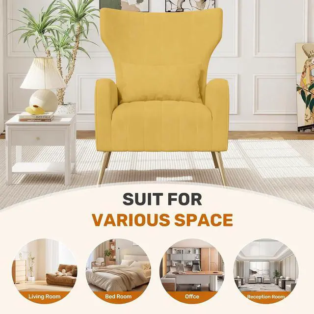 Alt view image 4 of 7 - Velvet Accent Chair Wingback for Living Room, High Back Arm Chair with Golden Legs Lumbar Pillow, Upholstered Single Sofa Bedroom Yellow