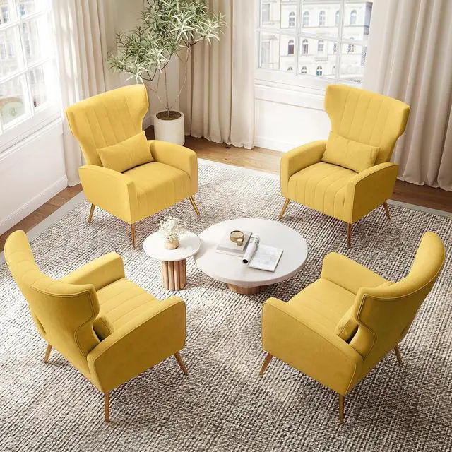 Main image of Yellow Velvet Accent Chair Set of 4, Wingback Chair for Living Room, High Back Arm Chair with Golden Legs Lumbar Pillow, Upholstered Single Sofa Bedroom