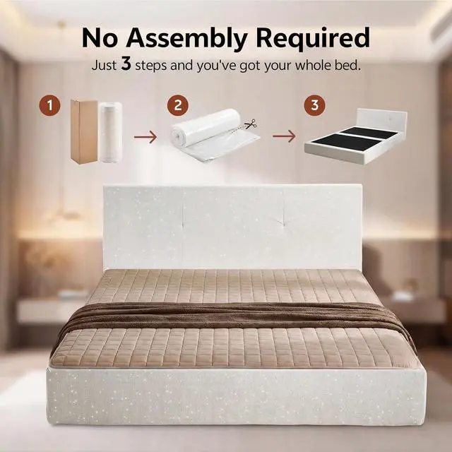 Alt view image 6 of 7 - Queen Bed Frame with Headboard, No Assembly Required Cloud Bed Frame, All Sponge Cushioned Upholstered Platform Bed Frame with Anti-Collision Soft Rounded Corners, No Box Spring Needed