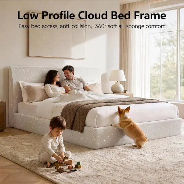 Alt view image 4 of 7 - Full Size Bed Frame with Headboard, No Assembly Required Cloud Bed Frame, All Sponge Cushioned Upholstered Platform Bed Frame with Anti-Collision Soft Rounded Corners, No Box Spring Needed
