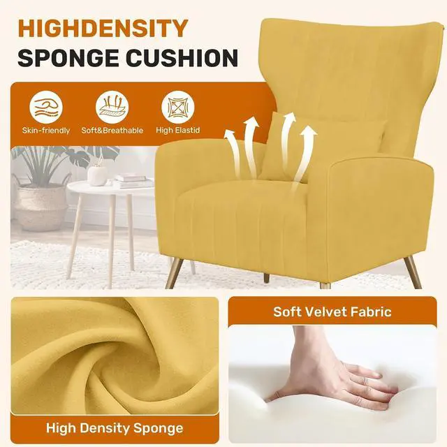 Alt view image 5 of 7 - Velvet Accent Chair Wingback for Living Room, High Back Arm Chair with Golden Legs Lumbar Pillow, Upholstered Single Sofa Bedroom Yellow
