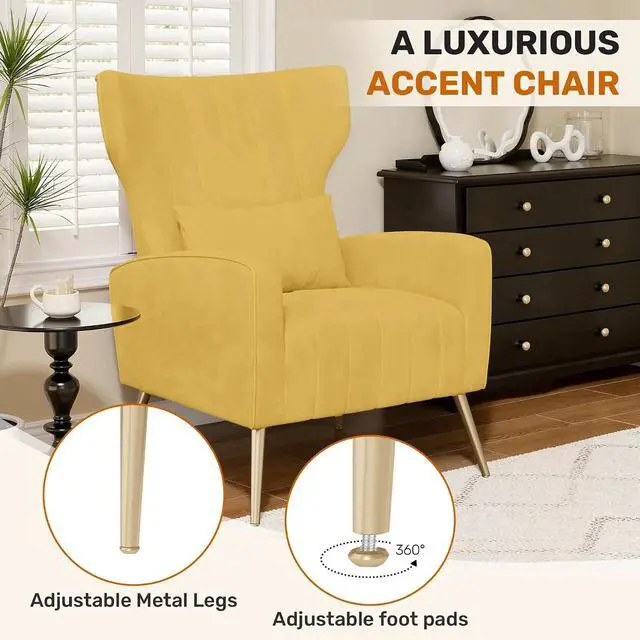 Alt view image 6 of 7 - Velvet Accent Chair Wingback for Living Room, High Back Arm Chair with Golden Legs Lumbar Pillow, Upholstered Single Sofa Bedroom Yellow