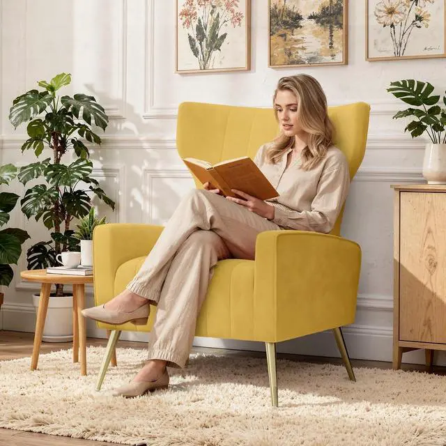 Alt view image 7 of 7 - Velvet Accent Chair Wingback for Living Room, High Back Arm Chair with Golden Legs Lumbar Pillow, Upholstered Single Sofa Bedroom Yellow