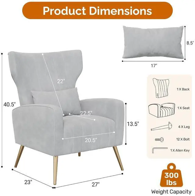 Alt view image 2 of 7 - Velvet Accent Chair Wingback for Living Room, High Back Arm Chair with Golden Legs Lumbar Pillow, Upholstered Single Sofa Bedroom Light Gary