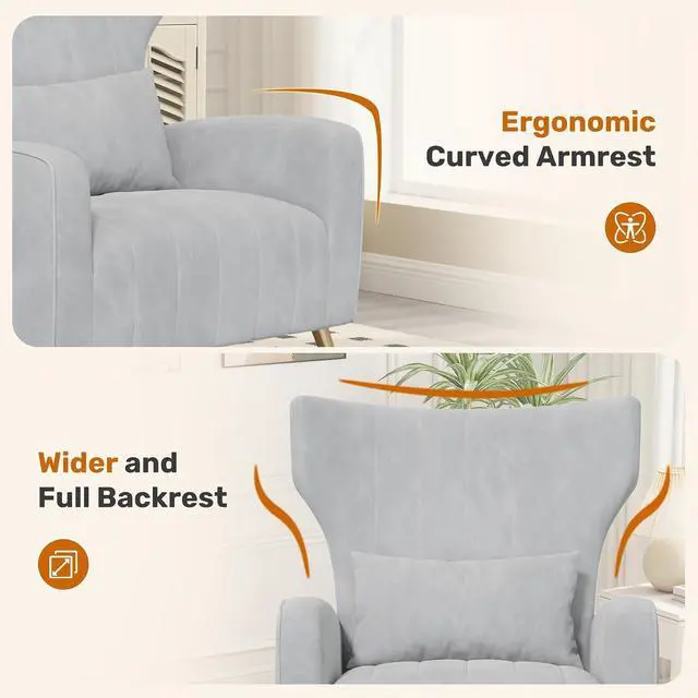 Alt view image 3 of 7 - Velvet Accent Chair Wingback for Living Room, High Back Arm Chair with Golden Legs Lumbar Pillow, Upholstered Single Sofa Bedroom Light Gary
