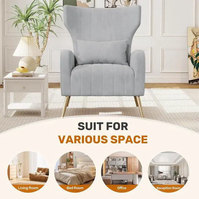 Alt view image 4 of 7 - Velvet Accent Chair Wingback for Living Room, High Back Arm Chair with Golden Legs Lumbar Pillow, Upholstered Single Sofa Bedroom Light Gary