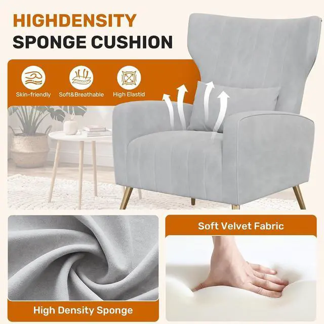 Alt view image 5 of 7 - Velvet Accent Chair Wingback for Living Room, High Back Arm Chair with Golden Legs Lumbar Pillow, Upholstered Single Sofa Bedroom Light Gary