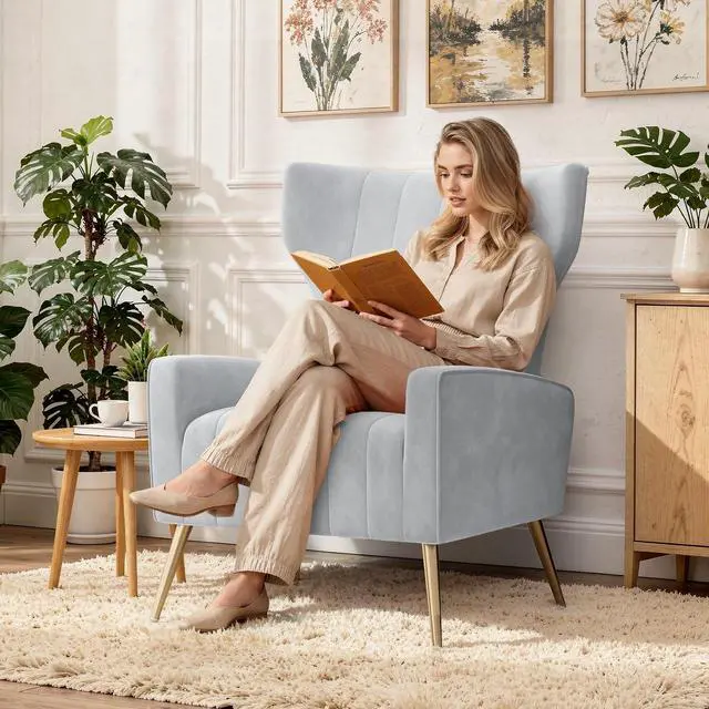 Alt view image 7 of 7 - Velvet Accent Chair Wingback for Living Room, High Back Arm Chair with Golden Legs Lumbar Pillow, Upholstered Single Sofa Bedroom Light Gary
