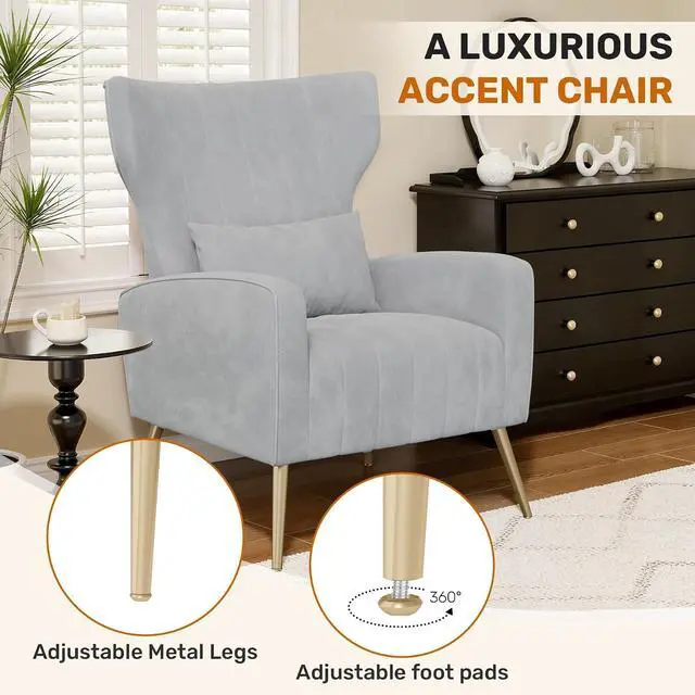 Alt view image 6 of 7 - Velvet Accent Chair Wingback for Living Room, High Back Arm Chair with Golden Legs Lumbar Pillow, Upholstered Single Sofa Bedroom Light Gary