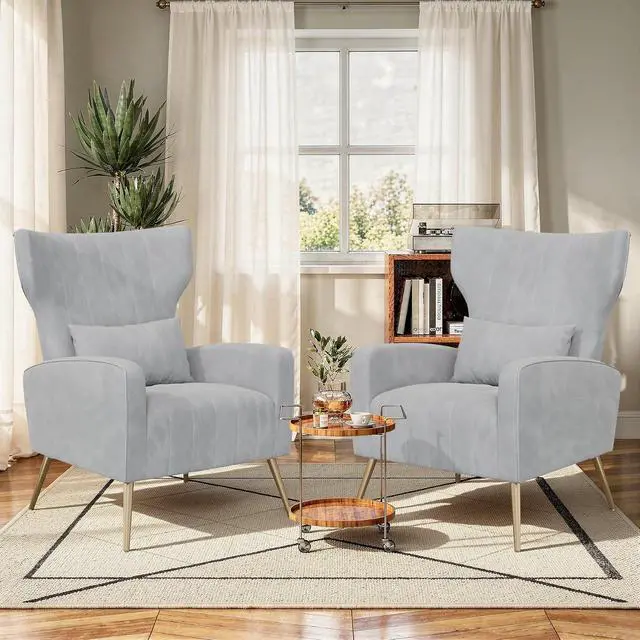 Main image of Light Gary Velvet Accent Chair Set of 2, Wingback Chair for Living Room, High Back Arm Chair with Golden Legs Lumbar Pillow, Upholstered Single Sofa Bedroom
