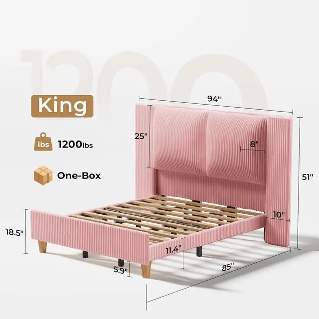 Alt view image 2 of 7 - King Size Bed Frame with 51" Tall Headboard, Upholstered Corduroy Platform Bed, Easy Assembly, No Box Spring Needed, Pink