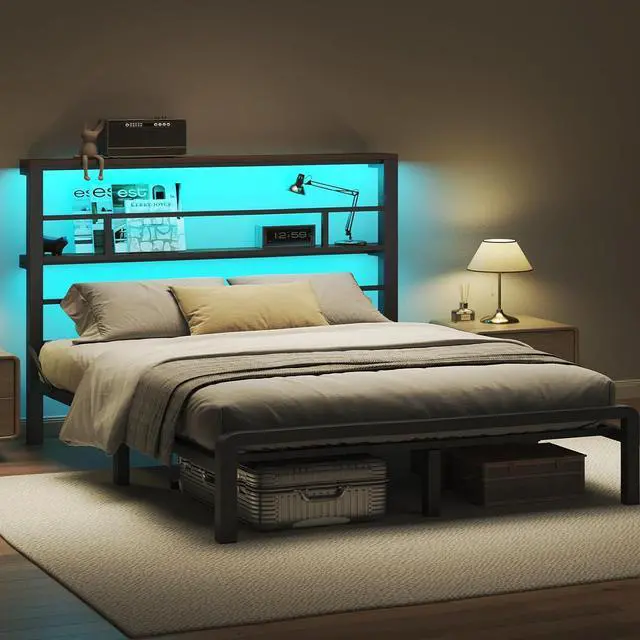 Main image of King Size Bed Frame with 49.2-Inch LED High Headboard and 2-Tier Storage, Metal Platform Bed, Black