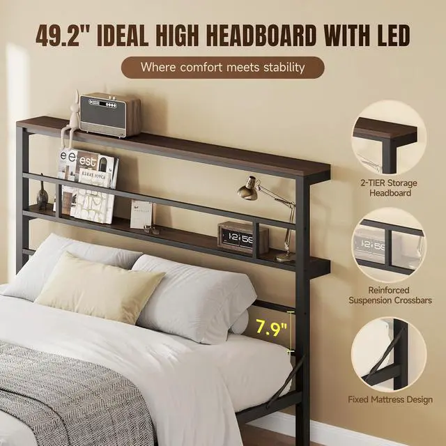 Alt view image 3 of 6 - King Size Bed Frame with 49.2-Inch LED High Headboard and 2-Tier Storage, Metal Platform Bed, Black