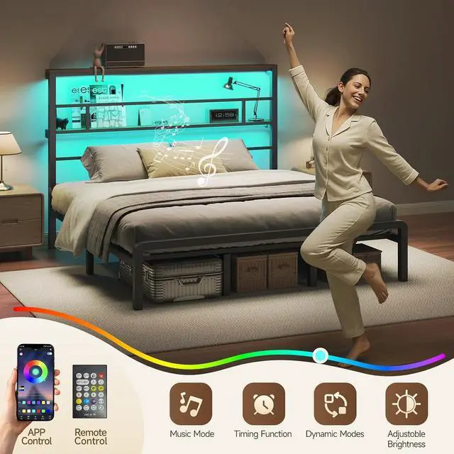 Alt view image 4 of 6 - King Size Bed Frame with 49.2-Inch LED High Headboard and 2-Tier Storage, Metal Platform Bed, Black
