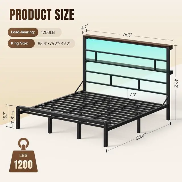 Alt view image 2 of 6 - King Size Bed Frame with 49.2-Inch LED High Headboard and 2-Tier Storage, Metal Platform Bed, Black