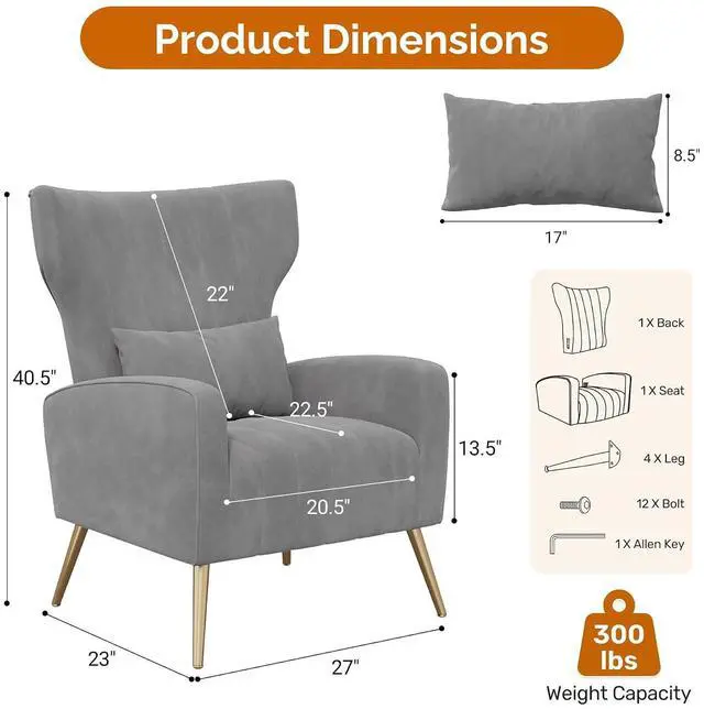 Alt view image 2 of 7 - Velvet Accent Chair Wingback for Living Room, High Back Arm Chair with Golden Legs Lumbar Pillow, Upholstered Single Sofa Bedroom Gary