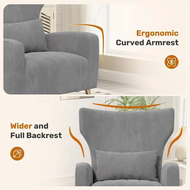 Alt view image 3 of 7 - Velvet Accent Chair Wingback for Living Room, High Back Arm Chair with Golden Legs Lumbar Pillow, Upholstered Single Sofa Bedroom Gary