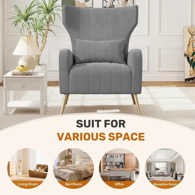 Alt view image 4 of 7 - Velvet Accent Chair Wingback for Living Room, High Back Arm Chair with Golden Legs Lumbar Pillow, Upholstered Single Sofa Bedroom Gary