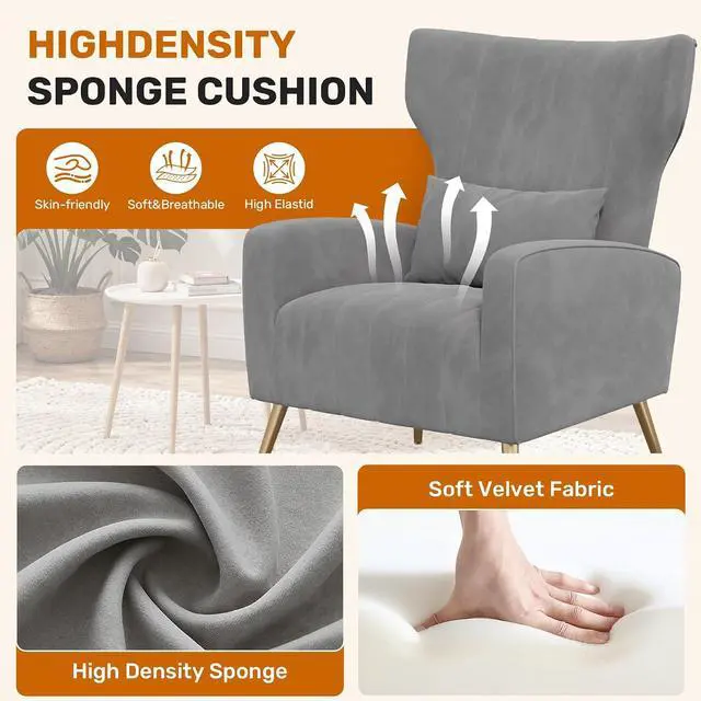 Alt view image 5 of 7 - Velvet Accent Chair Wingback for Living Room, High Back Arm Chair with Golden Legs Lumbar Pillow, Upholstered Single Sofa Bedroom Gary