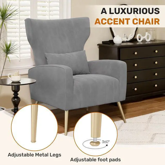 Alt view image 6 of 7 - Velvet Accent Chair Wingback for Living Room, High Back Arm Chair with Golden Legs Lumbar Pillow, Upholstered Single Sofa Bedroom Gary
