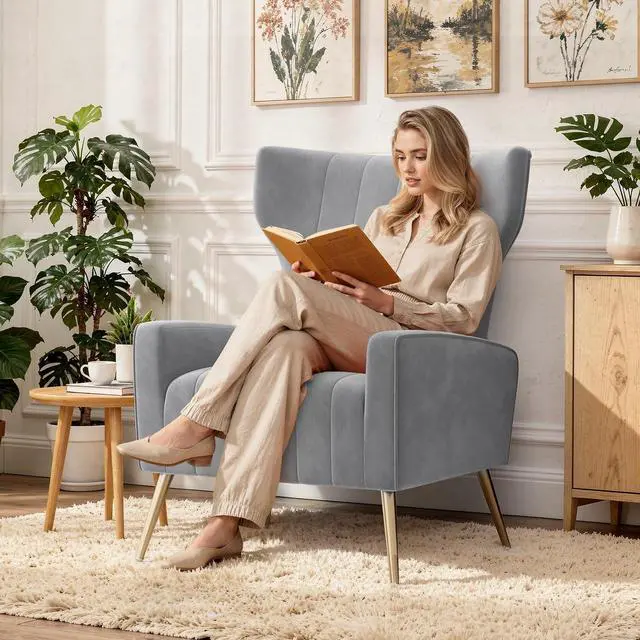Alt view image 7 of 7 - Velvet Accent Chair Wingback for Living Room, High Back Arm Chair with Golden Legs Lumbar Pillow, Upholstered Single Sofa Bedroom Gary