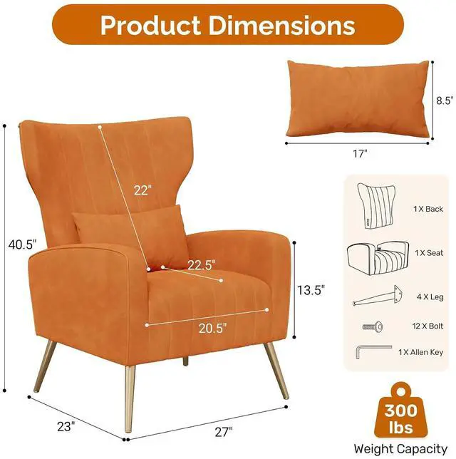 Alt view image 2 of 7 - Orange Velvet Accent Chair Set of 4, Wingback Chair for Living Room, High Back Arm Chair with Golden Legs Lumbar Pillow, Upholstered Single Sofa Bedroom