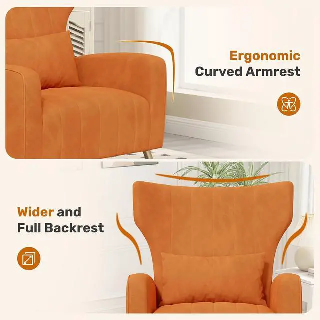 Alt view image 3 of 7 - Orange Velvet Accent Chair Set of 4, Wingback Chair for Living Room, High Back Arm Chair with Golden Legs Lumbar Pillow, Upholstered Single Sofa Bedroom