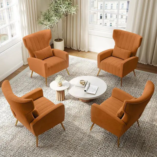 Main image of Orange Velvet Accent Chair Set of 4, Wingback Chair for Living Room, High Back Arm Chair with Golden Legs Lumbar Pillow, Upholstered Single Sofa Bedroom