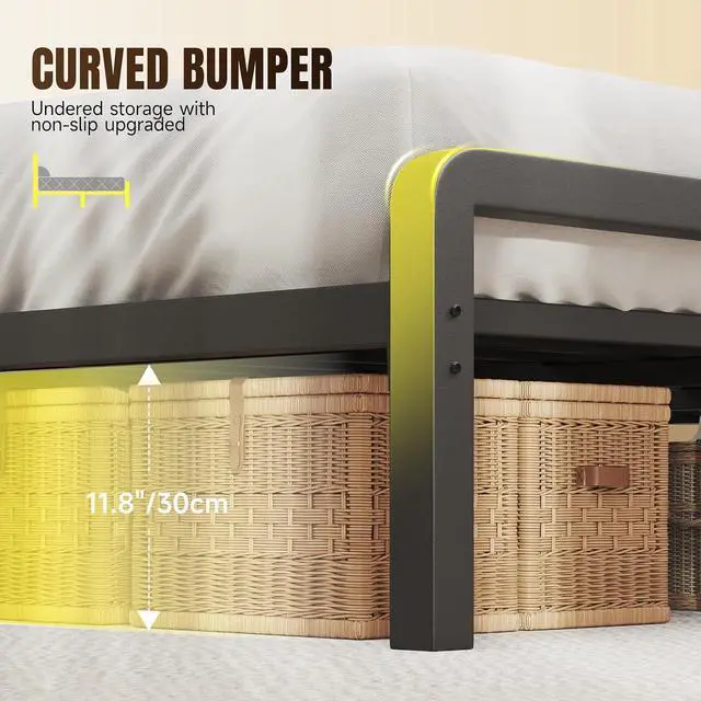 Alt view image 5 of 6 - King Size Bed Frame with 49.2-Inch LED High Headboard and 2-Tier Storage, Metal Platform Bed, Black