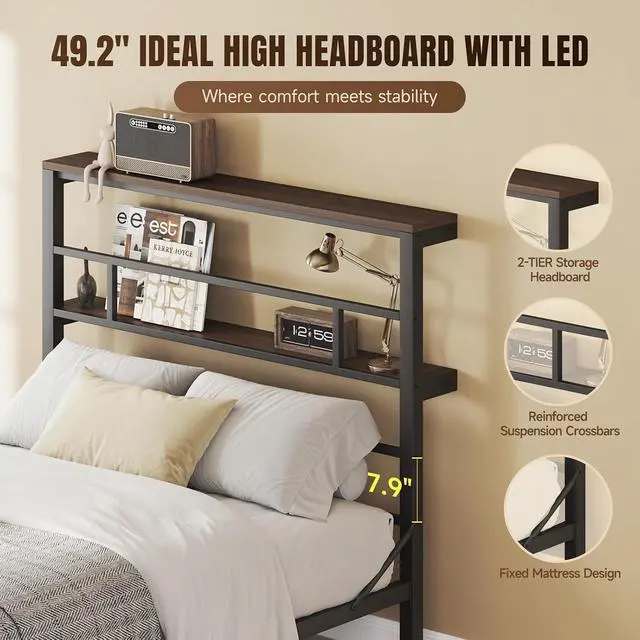 Alt view image 3 of 6 - Queen Size Bed Frame with 49.2-Inch LED High Headboard and 2-Tier Storage, Metal Platform Bed, Black