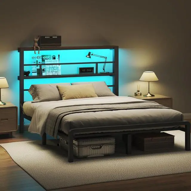Main image of Queen Size Bed Frame with 49.2-Inch LED High Headboard and 2-Tier Storage, Metal Platform Bed, Black