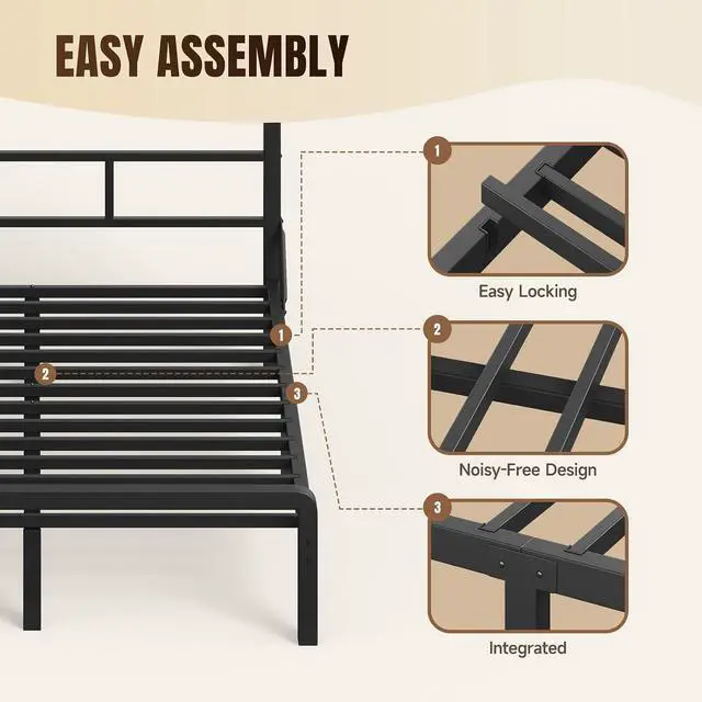 Alt view image 6 of 6 - Queen Size Bed Frame with 49.2-Inch LED High Headboard and 2-Tier Storage, Metal Platform Bed, Black