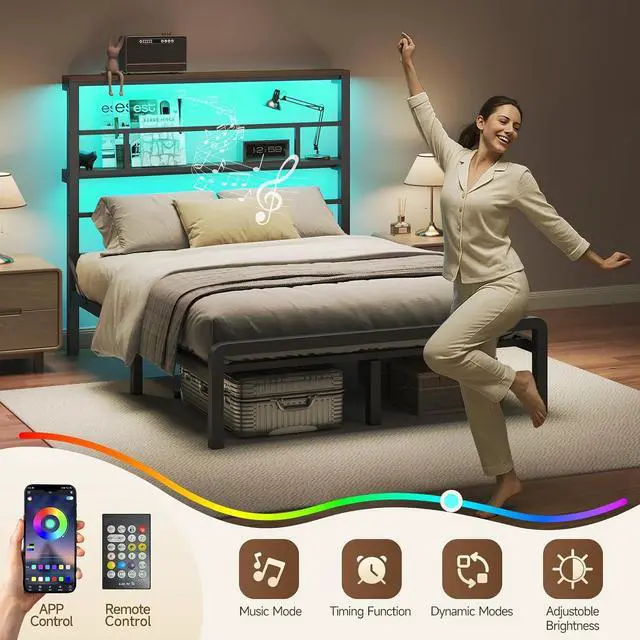 Alt view image 4 of 6 - Queen Size Bed Frame with 49.2-Inch LED High Headboard and 2-Tier Storage, Metal Platform Bed, Black