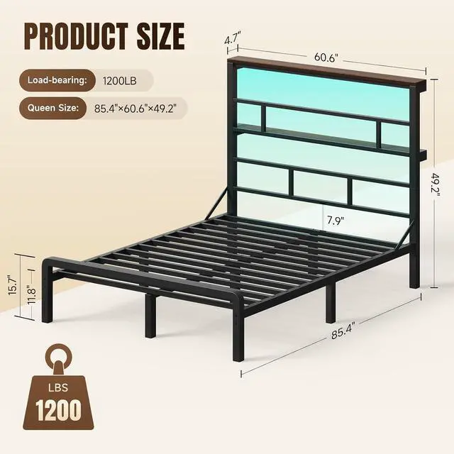 Alt view image 2 of 6 - Queen Size Bed Frame with 49.2-Inch LED High Headboard and 2-Tier Storage, Metal Platform Bed, Black