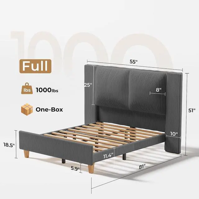 Alt view image 2 of 7 - Full Size Bed Frame with 51" Tall Headboard, Upholstered Corduroy Platform Bed, Easy Assembly, No Box Spring Needed, Gray